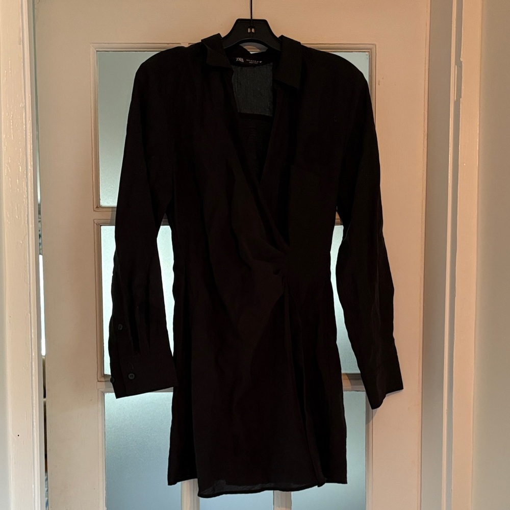 Zara Black Faux Wrap Long Sleeve Dress